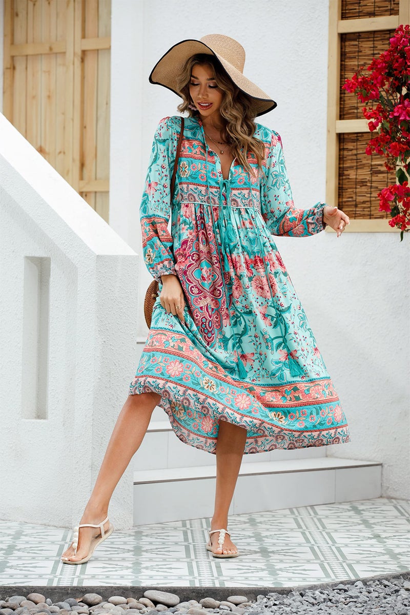 R.Vivimos Women's Long Sleeve Floral Print Retro V Neck Tassel Bohemian Midi Dresses (Small, LightCyan) - Image 4